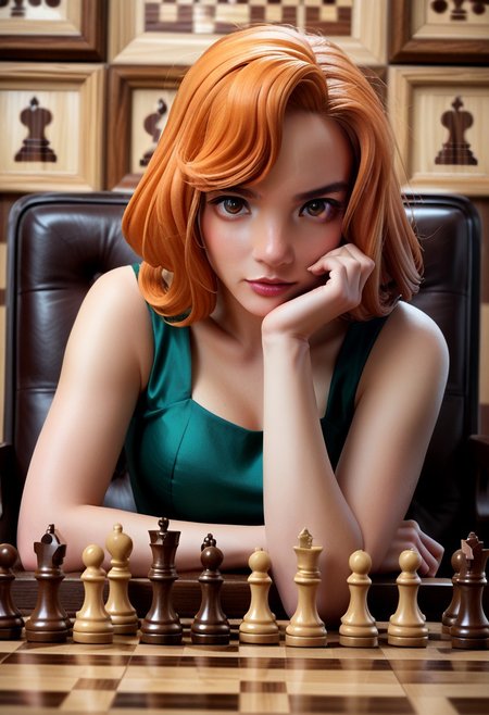 Hyper realistic detailed scene. 
score 9, score 8, score 7, score 6, 
xb0xc0ver, xbox360 video game cover of bethh, focused, orange hair, sparkling green dress, on a giant chessboard, pieces, black and white chess pieces, oversized pieces