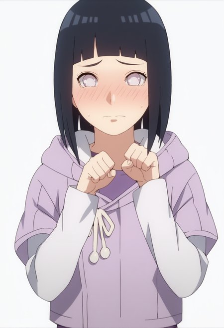 score_9, score_8_up, score_7_up, source_anime,  BREAK,  white background, 1girl,  <lora:DX888Hinata-10:1> hinapony, black hair, pearl eyes, hooded jacket, layered sleeves, full-face blush, embarrassed, v pose
