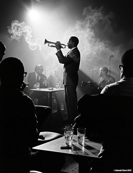 The image is a black and white photograph of Miles Davis playing his trumpet.    **Description:**  The photo is taken in a dimly lit, smoky environment, possibly a jazz club. Davis is centrally positioned, but slightly off-center, his body angled towards the trumpet. He's captured mid-performance, his face partially obscured by shadows and the smoke, creating a dramatic and mysterious atmosphere.  He's wearing a dark suit. His focus is entirely on his instrument.  In the foreground, the backs of other patrons are visible, partially silhouetted, seated at a table with glasses, suggesting the scene is from a live performance.  The smoke adds depth and texture to the photo, and the lighting creates strong contrast, with bright spots highlighting Davis and his trumpet, and leaving the rest in shadows.  The overall feeling is intimate and moody.  **Style:**  The photograph's style is strongly reminiscent of classic jazz photography. It uses elements of:  * **Chiaroscuro:** The dramatic use of light and shadow to create strong contrasts and a sense of depth. * **High Contrast:** The deep blacks and bright whites add to the intensity and emotion of the scene. * **Documentary style:** It seemingly captures a candid moment from a real-life event, without significant staging.  While composed, the image feels unplanned, spontaneous, and captures the essence of the moment. * **Grainy texture:** The texture of the photo suggests a potential film grain, further adding to its vintage aesthetic and enhancing the atmosphere. * **Silhouettes:** The use of silhouettes for the audience members in the foreground adds to the intimacy and focuses attention on Davis.  The overall aesthetic is evocative and atmospheric, capturing the mood and ambiance of a jazz club during a performance.  The style is both artistic and journalistic, conveying both the emotional energy of the performance and a sense of reality. <lora:_Flux\Vintage_Jazz-Club.safetensors:1.0:1.0>