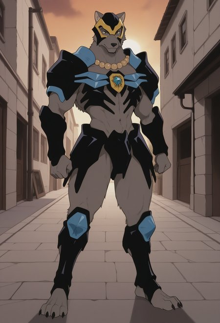 masterpiece,best quality,amazing quality, 1boy, solo, t3dium, furry, helmet, pauldrons, bead necklace, black chest armor, black crotch plates, black gauntlets, black leg armor, full body, outdoors,