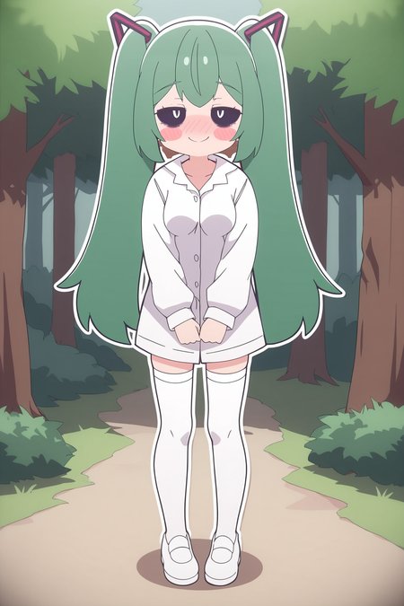 score_9, score_8_up, score_7_up, score_6_up, BREAK, MimukauwaNTPXL, black sclera, white eyes, bags under eyes, green hair, long hair, bangs, twintails, hair onrmanet, blush stickers, medium breasts, white shirt, long shirt, long sleeeves, white thighhighs, white shoes, solo, full body, standing, seductive smile, looking at viewer, naughty face, nose blush, forest, tree <lora:MimukauwaNTPXL:0.8>