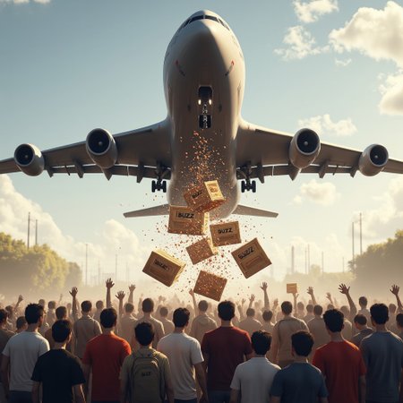 C-17 cargo plane flying over a crowd of hungry citizens.  Crates are falling out of the plane down towards the citizens. the crates are labelled "BUZZ".