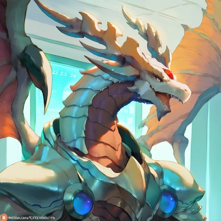 highres, best quality, masterpiece, very aesthetic, newest, year_2024, year_2023, year_2022,<lora:DorugoramonIllustrious:1>, dorugoramon,solo, cutesexyrobutts,upper body,horns,yellow eyes,indoors,office,red forehead gem,no humans,dragon,wings,teeth