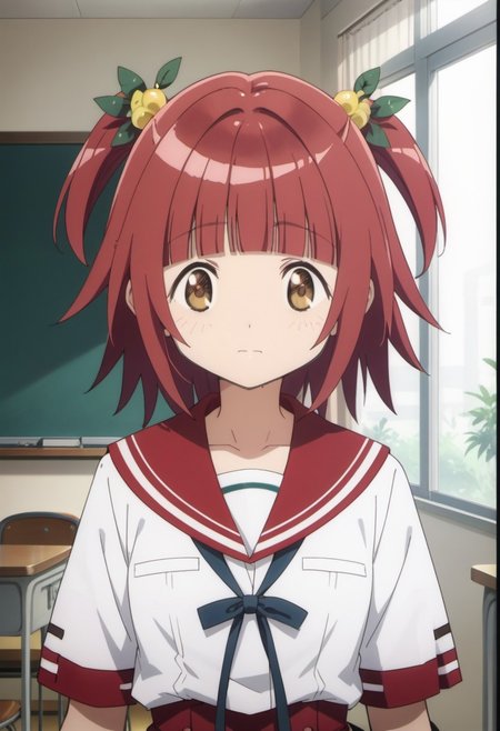 score_9, score_8_up, score_7_up, source_anime, akino kaede, red hair, brown eyes, short hair, 1girl, school uniform, solo, hair ornament, serafuku, two side up, blunt bangs, looking at viewer, anime coloring, indoors, sailor collar, fake screenshot, closed mouth, red sailor collar
