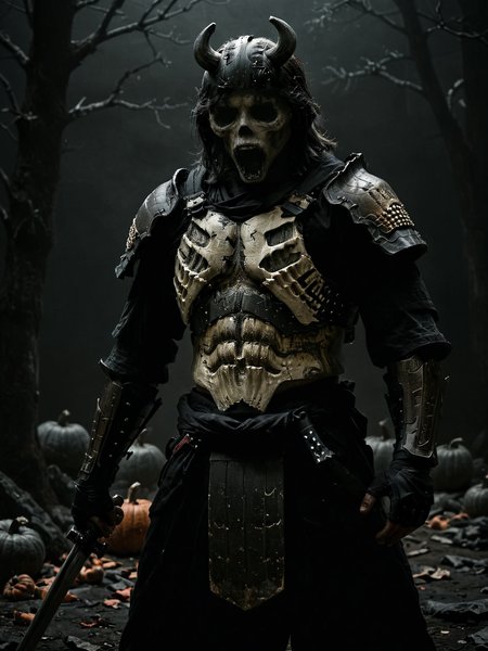 (wide angle photography:1.2), (whole body:1.5), shot, (full body photo:1.1), realistic analog photo, night time, midnight, dark, darkness, ghost vibes,
zombie samurai in [destroyed:torn:0.5] armor, Ghostface Baller face, (dark shot:1.17), epic realistic, faded, ((neutral colors)), art, (hdr:1.5), (muted colors:1.2), hyperdetailed, (artstation:1.5), cinematic, warm lights, dramatic light, (intricate details:1.1), complex background, (rutkowski:0.8), (teal and orange:0.4),(visible decaying skeleton ribs on chest:1.3), torso bone, ((full body:1.9)), by Blizzard entertainment, (massive armor) with pumpkin symbols on plates, big armor, (large samurai armor:1.9), wearing samurai helmet, low light, facing camera, big muscles, muscled body, badass, badass style, steam punk, lot of details, detailed armor, large shoulders, large arms, large, limbs, half side portrait, ((dark background)), (night time), dark shadow, katana on his back, yoroi armor, pumpkins in background, halloween, abandonned decaying samurai village in background,
, (mysterious atmosphere:1.1), (low luminosity:1.2), in the dark, obscurity, (mist:1.3), 
, realistic, depth of field, highres, 4k, 8k, intricate detail, amazing quality, wallpaper, <lora:RMSDXL_Enhance:1>, <lora:perfect-eyes:0.8> <lora:001-Ghst:1> <lora:bonex:1> <lora:dark:0.5><lora:RMSDXL_Darkness_Cinema:1> <lora:Into_Darkness:0.8>, realistic skin texture, detailed skin pores, skin hair, skin looks real, hi rez skin details