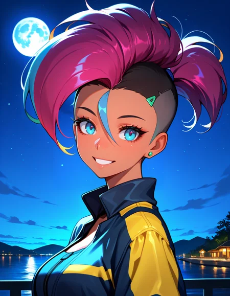 masterpiece, best quality, very aesthetic, absurdres,
outdoors, night, night sky, full moon, 
upper body, 
happy, long eyelashes,
short jacket,
<lora:Moika_v01_NAIXL:1>,
M01ka,1girl,solo,multicolored hair,ponytail,mohawk,undercut,hair ornament,earrings,blue eyes,chocker,dark-skinned female,