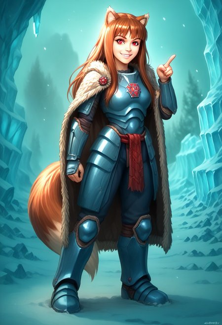 score_9, score_8_up, score_7_up, masterpiece, perfecteyes, holo, brown hair,long hair,red eyes, wolf girl,wolf ear,wolf tail, solo, , looking at the viewer, detailed background, wearing power armor, spcwlf, , proud smile, she feel pumped up and heroic, ice, snow, icy cavern, outdoors, fur cloak, holo in spcwlf armor, pointing at the viewer with one hand while her other hand in akimbo pose, she says "Afraid not citizen, holo protects", heroic pose, full body