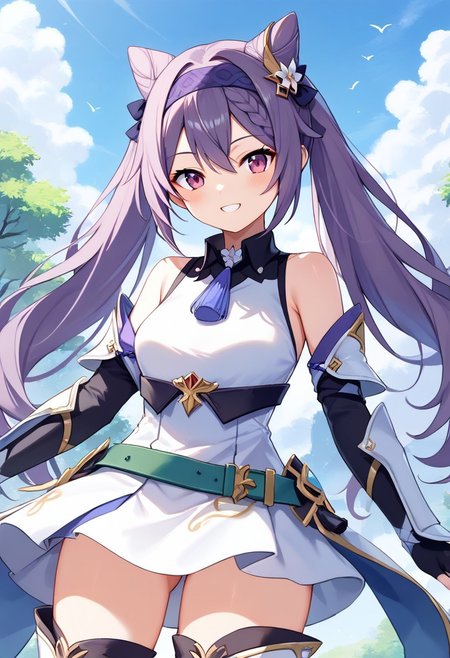 score_9, score_8_up, score_7_up, source_anime, best quality, masterpiece, 1girl, solo, smile. dutch angle, outdoors, sky,
keqingcs, purple hair, cone hair bun, purple eyes, long hair, double bun, braid, twintails, 
headband, white armor, shoulder armor, breastplate, white tunic, green belt, elbow gloves, fingerless gloves, white boots, thigh boots