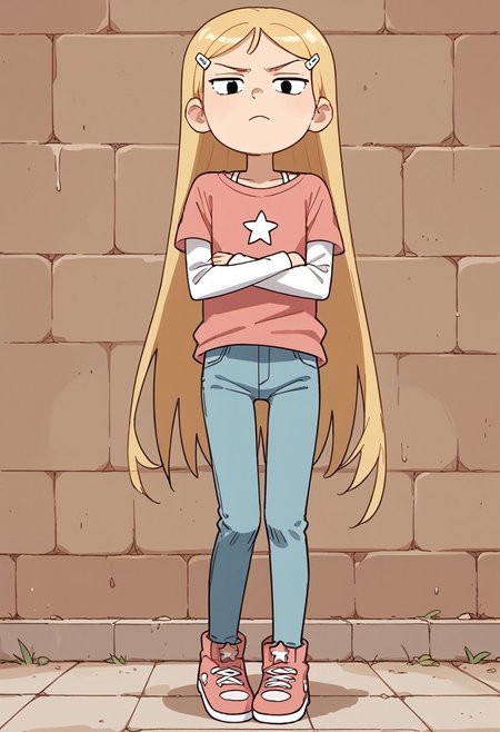 score_9, score_8_up, score_7_up, 1girl, K3lly,blonde hair, very long hair, white hairclip, black eyes,
salmon-pink t-shirt with a white star in the middle. Underneath that, a white long-sleeved shirt, light blue jeans, pink and white high tops shoes,, 
frown, looking at viewer, arms crossed,