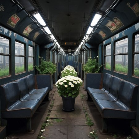 empty old abandoned dark metro train with potted flowers<lora:Metro:1>