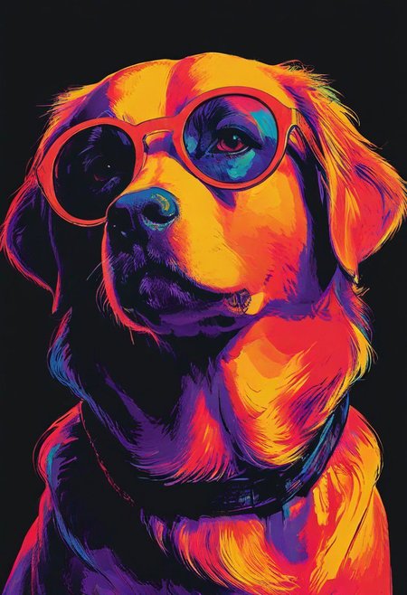 impactful color paint of, a Golden Retriever, wearing dark sunglasses, highly detailed, vibrant colors , 8k, sharp, professional, clear, high contrast, high saturated, , vivid deep blacks, crystal clear