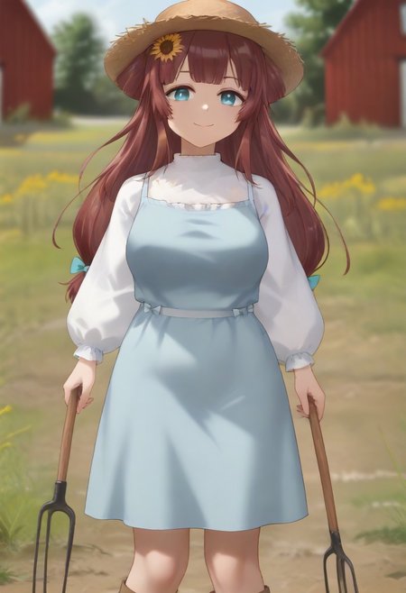 1girl, solo, solo focus, highres, absurdres, RemiSprings, hair flower, sunflower hair ornament, brown hair, long hair, bangs, blue eyes, straw hat, 
blue dress, white shirt, hair bow, blue bow, bangs, long sleeves, mature female, large breasts, 
looking at viewer, smile, closed mouth, holding pitchfork, pitchfork,
brown boots, light particles, full body, 
day, sunlight, rural, barn,