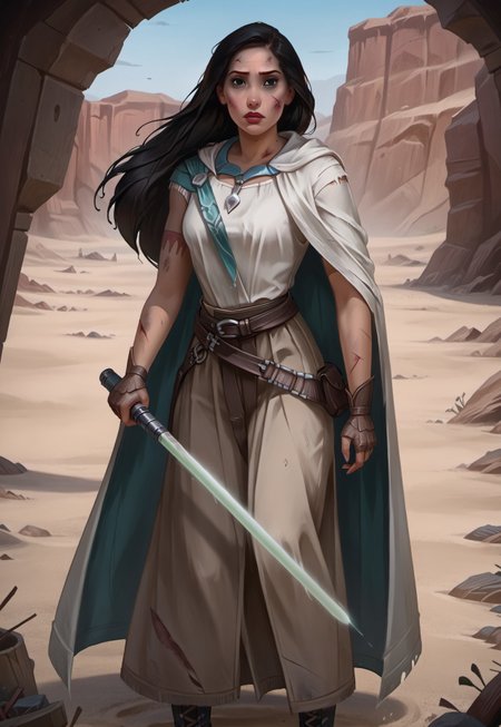 safe_pos, ((zPDXL3)), OZRN, digital art, score_9,score_8_up,score_7_up,score_6_up, face focus, waist-up portrait, absurdres, masterpiece, high res, detailed, 
1girl, solo, (((DisneyPocahontas, 1girl, black hair, black eyes, long hair, dark skin))), (d4rkr3v4n4rm0r, white robe, cape, hood down, breastplate, gauntlets, belt, pants, belt boots), (holding lightsaber, green lightsaber), calm expression, makeup, beautiful woman, action pose,
BattleDamage, cuts, bruises,
in danger, distressed, alarmed, (combat stance), 
dramatic, danger, dutch angle, dof, sand desert background, perfect, Hand, detailed, perfection, hands, 
<lora:bastilashan:1> <lora:Battle_Damage:0.3> <lora:hand 4:0.5>