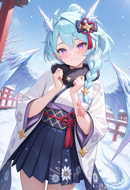 pcrsheffy, blue hair, long hair, braid, purple eyes, dragon tail, dragon horns, dragon wings, ahoge, arm tattoo, purple eyes, shefny, ponytail, hair ornament, white kimono, fur collar, wide sleeves, sash, floral print, blue skirt, pleated skirt, outdoors, snow, new year, blue sky, head tilt, smile, blush, looking at viewer, hands up, dutch angle,<lora:_sheffy_pcr-elesico-ilxl-v11A-15:1> highres, best quality, masterpiece, 
1girl, solo,
