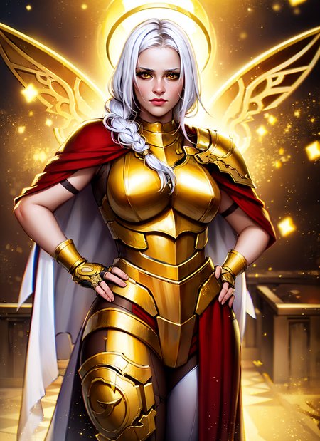 1girl, cowboy shot of beautiful paladin, hands on hips, athletic, braid, white hair, yellow eyes, glowing eyes, glowing halo, golden heavy armor, red cape, particles, dark dungeon, stairs, volumetric lighting, best quality, masterpiece, intricate details, tonemapping, sharp focus, very detailed, trending on Artstation, realistic, chromatic aberration, <lora:sxz-voyage-v1:0.8>