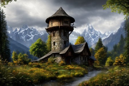 realistic analog photo, award winning photo, 
fantfa, background, mountain, stream, trees, foreground, field, house, farm, witow, a wizard watch tower,
high-quality, crisp, sharp, professional-grade, high-resolution, fine detail, accurate colors, low noise, fast shutter speed, wide dynamic range, precise focus, RAW, highres, 8k, uhd, High Dynamic Range, tonemapping, crisp details,