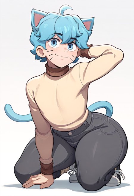 masterpiece, best quality, high quality, detailed, Gumball Watterson, 1boy, male focus, blue tail, solo, tail, whisker markings, cat boy, socks, blue eyes, blue hair, cat ears, cat tail, thick thighs, ahoge, black sneakers, bottom heavy, closed mouth, <lora:Gumball-Illustrious-XL:1> <lora:noobaiXLNAIXL_epsilonPred11Version-lora:0.2>, good anatomy, on knees, hand behind head, brown collar turtleneck sweater with brown cuffs, dark grey pants, looking at viewer