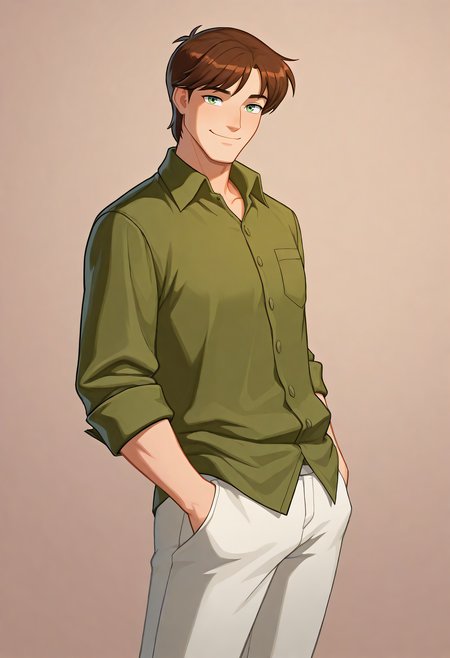 embedding:Illustrious\Positive\IllusP0s, embedding:Illustrious\Positive\IllustriousQual,1boy, dean_ts!, male focus, solo, brown hair, green eyes, green shirt, white trousers, hands in pockets, smile, look at viewer, best quality, high resolution, masterpiece.
