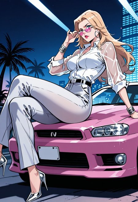 1girl, solo, detailed face, detailed eyes, Dazzler, blue eyes, blonde hair, long hair, thick thighs, medium breasts, toned female, collarbone, 
BREAK
see-through shirt, white buttoned shirt, collared shirt, long sleeves, see-through sleeves, white undershirt, glint, (star-shaped eyewear, pink-tinted eyewear), hoop earrings, silver bracelets, belt, high-waist pants, white dress pants, silver stiletto heels, pink lips, lipstick,
BREAK
dynamic pose, sitting, on car, on car hood, looking over eyewear, adjusting eyewear, sideways glance, looking at viewer, 
BREAK 
Outdoors, 80s, pink car, motor vehicle, sports car, (nissan skyline:1.4), (car out of frame:0.9), miami vice city, art deco neon hotels, palm trees, pink and teal sunset, urban environment, detailed background, 
BREAK
( fine texture, masterpiece, ultra-detailed, very aesthetic, absurdres, volumetric lighting, scenery, newest, absolutely eye-catching, rating_explicit),
BREAK.