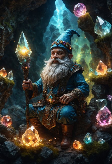  best quality, high resolution, Chiaroscuro lighting. A gnome with a gray beard in a cave mining gems, (crystals:1.3), tale, dreamlike, surrealism, Quartz colorful, Light caustics effect, moss, God's rays. professional photography, misty light, glow in the dark, volumetric lighting, , intricately detailed, complex, elegant, expansive, fantastical, in the dangerous fantasy world