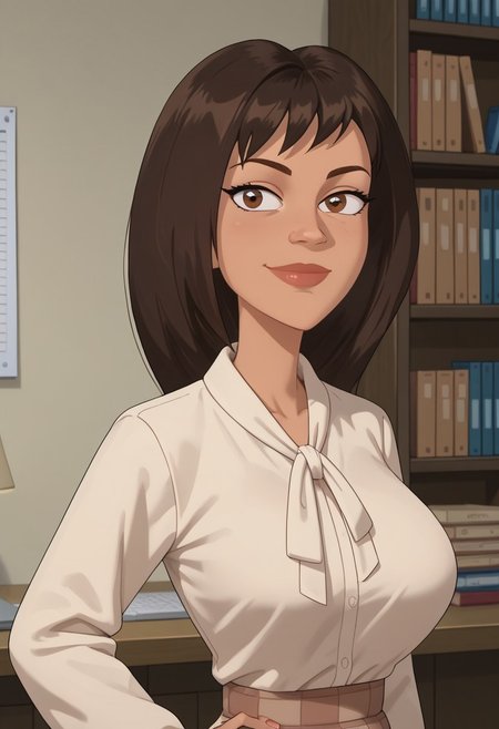 ((room background)),score_9, score_8_up, score_7_up,score_6_up, 
1girl, solo, Elizabeth_MML, olive skin, dark brown eyes, shoulder-length hair, dark brown hair, pointy nose, light beige blouse with bow collar, knee-length skirt with checkered pattern, white heeled shoes, tall, social smile, perfect eyes, perfect smile, looking at the viewer, detailed eyes, perfect eyes, standing, big breasts (front pose, bust shot) five fingers, perfect hands, (hand on hip, raised hand, greeting)