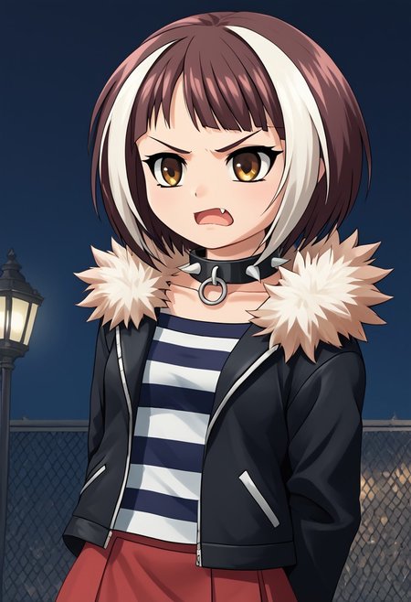 score_4,score_5,score_6,score_7_up,score_8_up,score_9
((masterpiece,best quality,ultra detailed,highres,HD,4k:1.2)),
1girl,solo,streaked hair,short hair,bob cut,bangs,multicolored hair,red and white hair,fang,brown eyes,  jacket,spikes,collar,fur trim,spiked collar,striped shirt,black jacket,shirt,studded collar,red skirt,short skirt,
Moonlight, moonlight, ight, street light
frown,open mouth,
