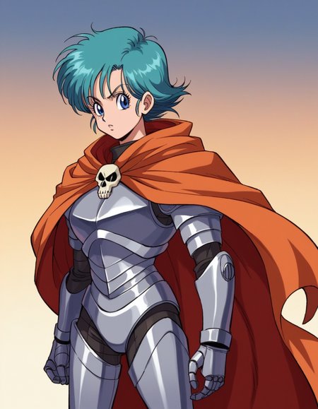 zPDXL, score_9, score_8_up, score_7_up, source_anime, 8k, absurdres, anime coloring, 1980s \(style\), retro artstyle, 
<lora:4kira_v1-1:0.8> 4kira, 1girl, solo, demon wearing Metallic silver armor featuring a sleek breastplate, metallic pants, thigh-high boots, spiked pauldrons, flowing cloak, skull helm, upper body, portrait, bulma, blue eyes, blue hair, afro ,