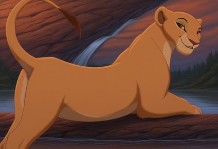 score_9, score_8_up, score_7_up, by reallynxgirl,  BREAK, (2 lionesses:1.5), (kiara, lioness, ((feral)), female lion, reddish brown eyes, smiling, seductive pose, detailed background,  (seductive pose:1.2), (raised tail:1.6)), lake, waterfall background, detailed background, (rear view:1.5), (seductive face), (teasing), (looking at viewer), (Nala, Lioness, smiling, blue eyes, (seductive pose:1.2), (raised tail:1.6))