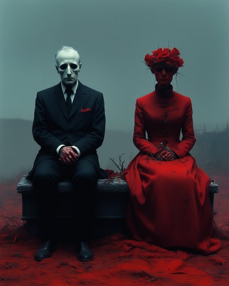 heartbroken liches, married liches getting a divorce, romance lost, heartache, sad, melancholy, Tim Burton, Nicola Samori, Beksinski,  dystopian surrealism, vivid intense colors, red, ultra focus, <lora:add-detail-xl:1> <lora:xl_more_art-full_v1:0.6>  <lora:XSfenlie:1> fenliexl