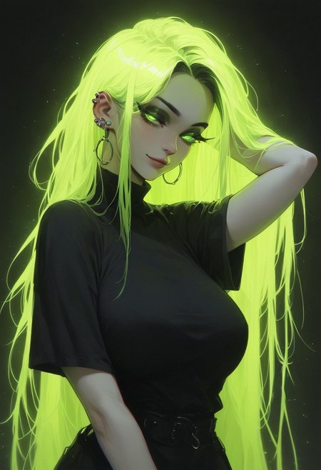 score_9, score_8_up, score_7_up, masterpiece, best quality, highly detailed, 1girl, pale skin, green eyes, thick black eyelashes, black eyeliner, dark eyeshadow, neon green hair, long hair, big loose curls, big breasts, oversized black t-shirt, ear piercings, looking at the viewer, bedroom eyes, seductive smile, g0thicPXL, glowing hair, glowing eyes, neon, arm behind head, arched back, dark background, cowboy shot, thick white character outline