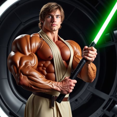 a zoomed out shot of a beautiful 18yo male bodybuilder Luke Skywalker wearing a sleeveless robe that has a deep plunging neckline that shows his massive pecs and deep cleavage and his rippling abdominals, his arms are bare, he is holding a light saber that glows black with both hands standing in a futuristic spaceship, full body shot, cover model looks, skin details, ultrarealistic, hyperdetailed photography, bright blue eyes, medium length hair in a messy style, vibrant lighting, bulging muscles, glossy tan muscles arrogant swagger, his waist is narrow, narrow hips, one arm raised out to the side while he flexes huge biceps