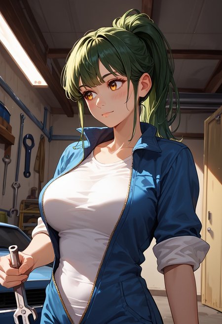 (score_9, score_8_up, score_7_up), 1girl, solo, green hair, amber eyes, long hair, ponytail, straight bangs, mechanic girl, 26 years old, large breasts,
fisheye, dutch angle, (face focus:1.1), cowboy shot,
rolled up sleeves, unzipped blue jumpsuit, dutch angle, white t-shirt,
(smile:0.7), blush, looking away, wrench, holding object,
inside garage,