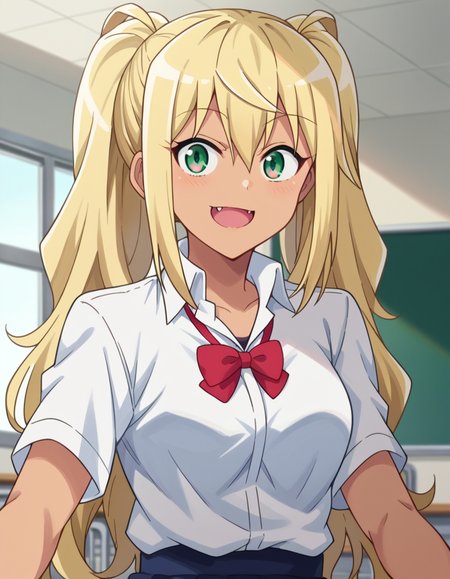 score_9, score_8_up, score_7_up, source_anime,
hibikisakura, <lora:hibiki-sakura-s1-ponyxl-lora-nochekaiser:1>
hibiki sakura, long hair, blonde hair, hair between eyes, twintails, green eyes, fang, dark skin, dark-skinned female, gyaru, mature female,
skirt, shirt, bow, school uniform, white shirt, short sleeves, collared shirt, bowtie, red bow, red bowtie,
indoors, classroom, smile,
looking at viewer, dutch angle, cowboy shot