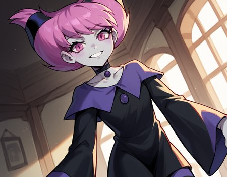 score_9, score_8_up, score_7_up, source_anime, <lora:jinx-dc-ponyxl-lora-nochekaiser_r1:1>, jinx, jinx (dc), colored skin, grey skin, hair horns, pink eyes, pink hair,, choker, long sleeves, pantyhose, striped clothes, striped pantyhose, black dress, wide sleeves, collarbone,, indoors, smile, looking at viewer, solo,, cowboy shot, dutch angle