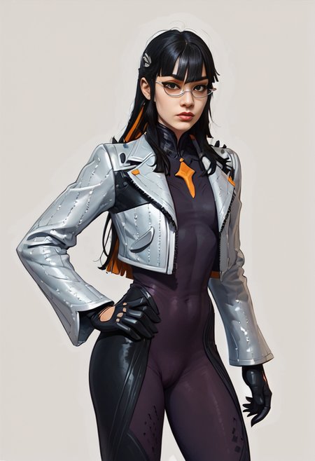 Digital illustration featuring a young woman with long, black hair and glasses, wearing an eye-catching outfit that blends urban street style with futuristic flair. She dons a blue jacket with striking orange accents, complemented by a purple bodysuit adorned with a geometric pattern. The jacket boasts a high collar and long sleeves, while black gloves on her hands complete the look. With one hand resting casually on her hip, she exudes an air of confidence and determination. Her serious expression adds depth to her character as she gazes intently at the viewer. The stark white background serves to highlight her bold appearance, making for a striking, captivating image that is both modern and edgy.,daraku, 1girl, solo, long hair, bodysuit, <lora:Pony_DARAKU_LORA:0.8>  <lora:Expressive_H:0.45> <lora:d4rk01lXLP:0.35> <lora:incase-ilff-v3-4:0.6>