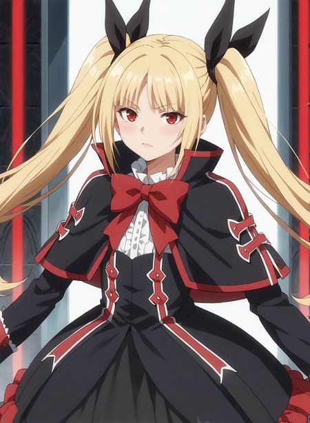score_9, score_8_up, score_7_up, score_6_up, score_5_up, score_4_up, source_anime, anime screencap, masterpiece, insanely detailed, detailed background, zPDXL3, BREAK, RachelAlucardBB,1girl,solo,long hair,blonde hair,red eyes,red bow,ribbon,twintails,black hair ribbon,small breasts,frills,red bow,ghotic fashion,black capelet ,red cross pattern,black dress