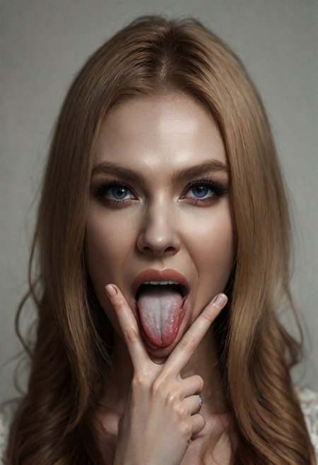 woman , long hair, pretty face, (V Fingers, Tongue out, Tongue between fingers)