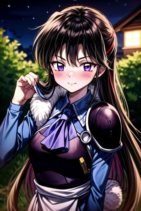 masterpiece,  best quality 1girl Setsun4 solo long hair,  (night time) forest background black hair very long hair purple eyes multicolored hair armor (fur trim) (medium body),<lora:EMS-179-EMS:0.800000>,<lora:EMS-293862-EMS:0.800000> bow, hair_bow, hair_tubes, red_bow, brown_hair, long_hair, bangs, ascot, frilled_bow, yellow_ascot, blush, smile, hair_between_eyes, athletic, armor, miko