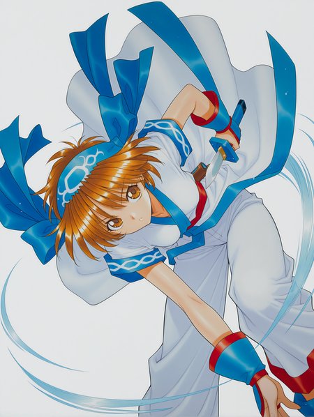 masterpiece,best quality,newest,1girl,solo,
<lora:rimururu_ilxl_v1.3:1>,n_rimu,short hair,brown hair,brown eyes,r_bow,blue hairband,r_clothes,white pants,makiri,reverse grip,holding_knife,<lora:Fixhands_anime_bdsqlsz_V1:1>,dynamic_angle,cinematic_angle,fighting_stance,fighting,motion_blur,(motion line:1.2),(speed_lines:1.1),fighting_stance,blue aura effect,expressionless,leaning_forward,looking ahead,bent over,white_background,parted lips,