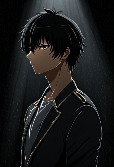 high resolution, solo, best quality, 1Boy, Seiya Kanie, black hair, short hair, thin, cool, Mysterious black background, Movie lighting, a sense of atmosphere, OverallDetail