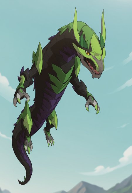 score_9, score_8_up, score_7_up, score_6_up, score_5_up, score_4_up,  <lora:Phaedrus:0.85> solo, no humans, yellow eyes, teeth, sharp teeth, dragon, horns, spikes, flying, looking at viewer, 
sky, blurry background,