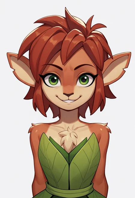 score_9, score_8_up, score_7_up, score_6_up, score_5_up, score_4_up, BREAK, source_anime,
1girl, elora, faun \(spyro\), red hair, mammal,  anthro, deer, green eyes, leaf dress,
hands behind back, smile, upper body, looking at viewer, solo, simple background, white background   <lora:EloraXL:1>