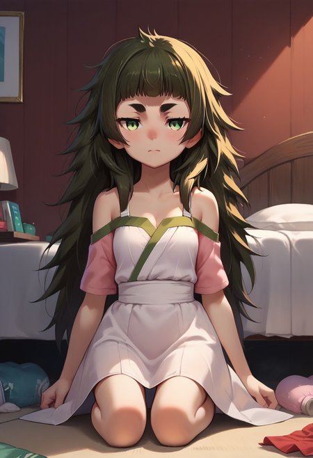 score_9, score_8_up, score_7_up, score_6_up, score_5_up, score_4_up, source_anime, BREAK, Expressiveh, solo, bedroom, kneeling, full body, hiyajou maho, messy hair,  green eyes