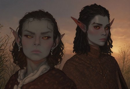 solo, short pointy ears, full body, piercings, random elf face, aquiline features, male dark elf, masculine, facial hair, brow rings, beaded piercings, weathered skin, blue-grey skin, chiseled features, large nose, insect chitin armor, insect chitin helmet, insect chitin ornaments, stylized insect pattern, athletic build,  animated realism, zoomed out, Syrian features, torso, yurts, tents, native camp, elegant berber tapestries, dead desert trees, ash dunes, distant volcano, ashy soil, grey green foliage, distant grey hills, sunrise, gloomy lighting, grey fabric awnings, dark wood posts, light dust clouds, grey-blue skin, grey skin, mahogany and ivory clothes, medium armor, bone plate armor, ivory straps and fittings, alien bone ornaments, grey wood neckguard, red sclera, black pupils, blue-green light, neon, highly detailed, defined features, looking at viewer, three quarters view, from side, dynamic lighting, 29 years old, light and shadows, patterned cloth, annoyed expression, expressive eyes, detailed medieval clothes, short hair, wavy hair, thick hair, beaded hair, braided hair, under cut hair, semirealistic, alien elf, spanish features, jewish features, black hair, dark red hair, umber skin, sharp features, pastel green inuit print cloak, nighttime, high detail, absurdres, pretty eyes, detailed eyes, yellow eyes,