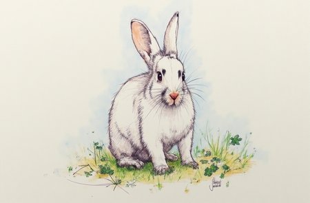 Sharp image of a rough sketch, rendered in vibrant multi colour ballpoint pen, capturing the adorable features of a white rabbit with black spots on its face and ears. It is standing on a patch of green grass and is looking directly at the camera. The rabbit appears to be in a garden or a wooded area, as there are small plants and leaves scattered around it. The background is blurred, but it seems to be a sunny day. The overall mood of the image is peaceful and serene.  p3nsk, <lora:p3nsk:1>