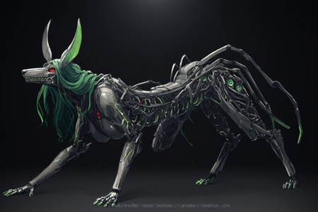 score_9, score_8_up, score_7_up, score_6_up, score_5_up, score_4_up, BREAK, source_anime, solo, 1girl, rating_safe, ((mature female)), ((long green flowing hair)), mechanical parts, ((plastic, polymer, metal body)), (big mechanical rabbit ears), mature female, (bunny ears), (animal ears), subdermal port, ((milf, mature female, big breasts)), hexagon lines in skin, naval uniform overcoat, naval uniform, white military uniform, dress_uniform, ribbons, ((red eyes)), bunny tail, rabbit tail, aiguillette, ((green hair)), ascot, ((Eye-level angle view Extreme Close shot (focus on waist), Leaning forward, hands on the ground )), pilot suit, shoulder cutout, bunny rabbit Tail, ((hair over one eye, )), digitigrade, clawed feet, minimal clothes, ((metal skin, shiny skin, vampire aesthetic, digital eyes, filled eyes, monochromatic eyes, glowing eyes, colored sclera, red sclera, mechanical eyes, partially shaded face, slit pupils, angular, minimal face, minimalism, narrow eyes, large eyes)), (anubis \(mythology\), anubis \(mythology\), ), <lora:Pony_DetailV2.0:1.5>, <lora:age_slider_v4:4>, ((dark, shaded, black background, horror, GREEN HAIR,)) <lora:ECHANIS:0.7>,    <lora:SqueakyRem_Style:1>