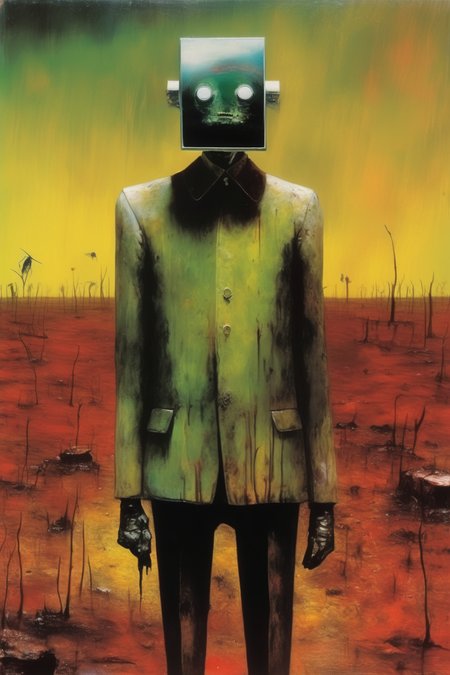 <lora:Sidney Nolan Style:1>Sidney Nolan Style - dystopian future album cover