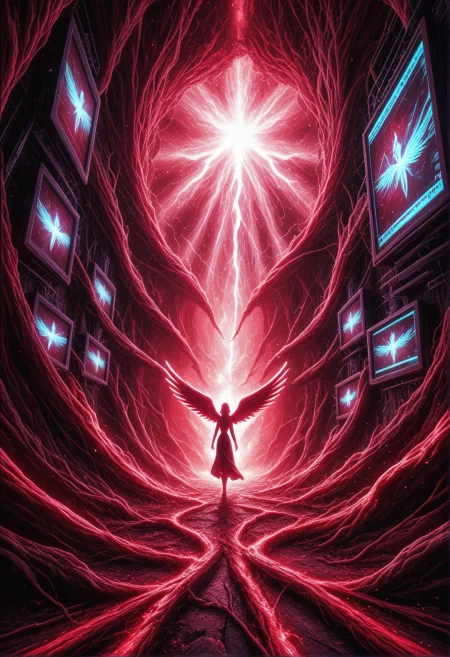 dark silhouette of a dissolving winged figure walking towards the viewer with glowing eyes, an imploding red-pink neutron star in the background, stark red-pink backlighting, canyon environment disintegrating into particles floating upwards, arcs of lightning tear the heavens apart, the rusty ground is breaking, (high contrast, highly detailed, chromatic aberration, glitching, angel, screen tearing, displacement artifacts:1.65) <lora:p_Blood_Forest_absurd_reality> <lora:xl_glitch_blood_APOC> <lora:xl_spo_sdxl_10ep_4k-data_lora_webui>