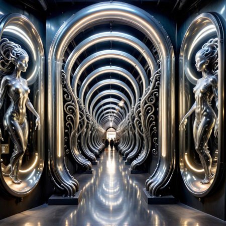 retro town, tunnel, LIQUID METAL oval biopunk ornaments on steel columns,  light bulbs, giger art nouveau ornaments on glass walls, epic, colossal,Spiral Effect