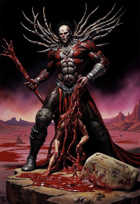 A 1990s style illustration with intense fusion of raw emotion and visceral imagery, deeply unsettling image of an inhuman antihero that evokes primal fear,  the discovery of cosmic relics on a desolate planet, vivisection of ancient aliens